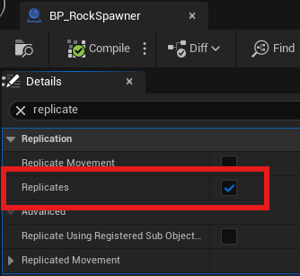 Rock Spawner Actor marked as Replicates