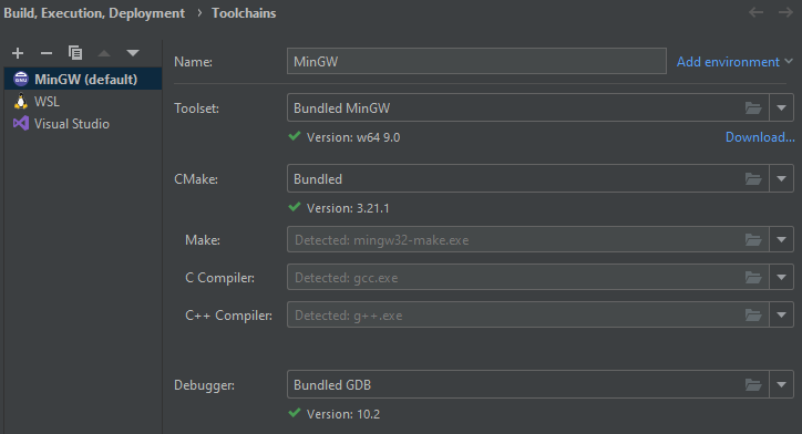 CLion Toolchains settings window with the bundled MinGW toolchain selected