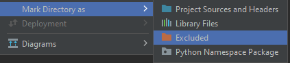 Right-click context menu on the SDL2-2.0.18 folder showing Mark Directory As > Excluded